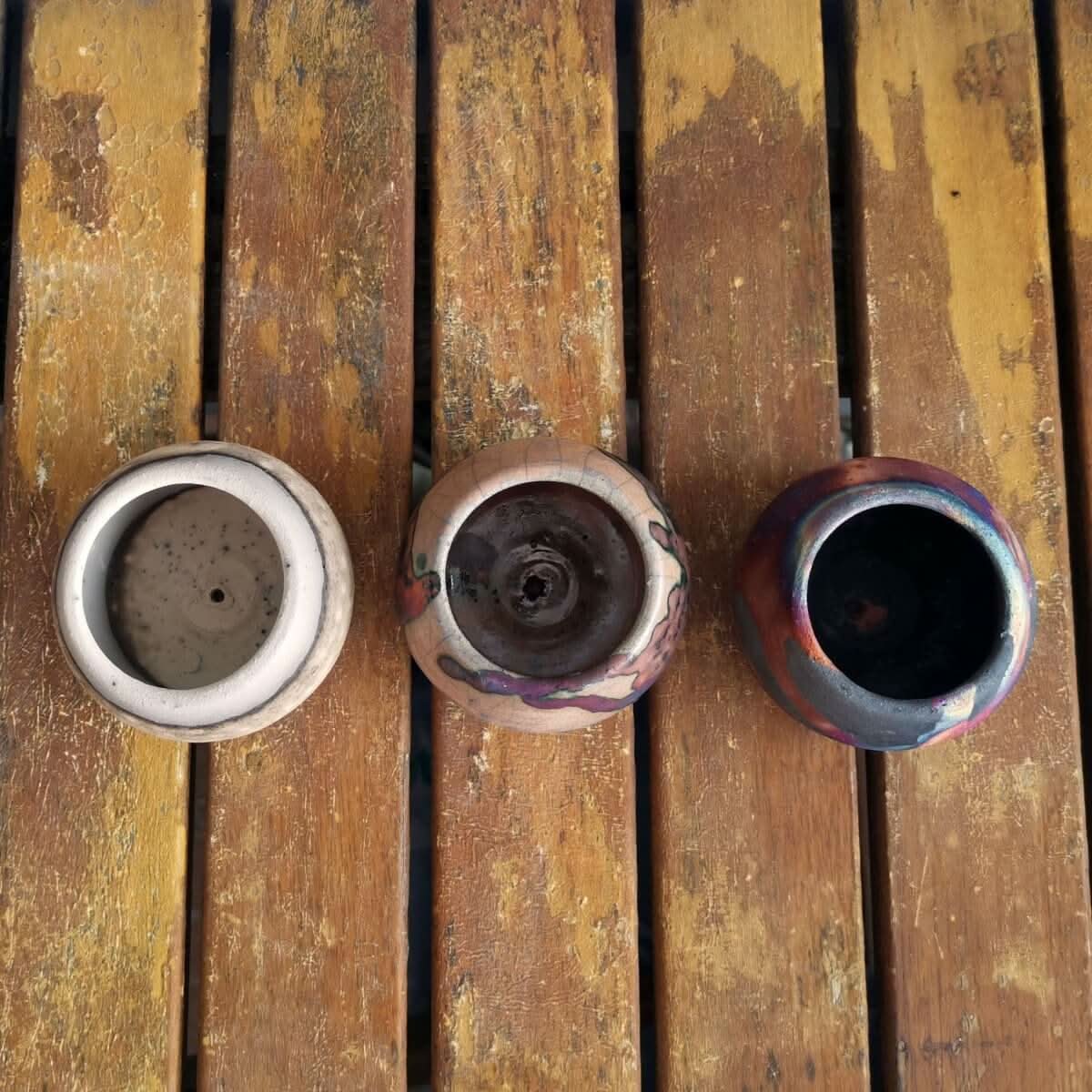 Tsuchi Ceramic Raku Pottery Planter Pots Set of 3 by RAAQUU, unique mixed finishes on wood table.